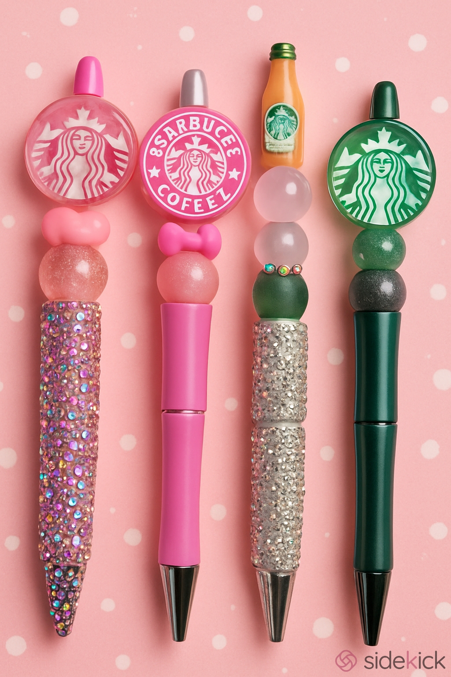 Starbucks Logo Decorative Beaded Pens - Pink, Silver, Green